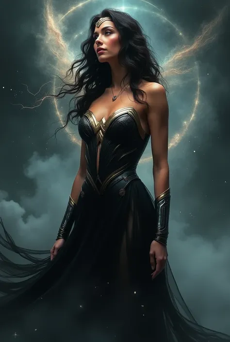 Make the most beautiful image of wonder women in black dress dark ground like a heven 