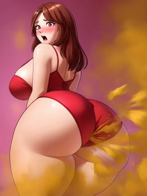 depth of field, perfect lighting, light particles, female, human, human face, (long brown hair, shocked expression, mouth open, blushing, sexy, large breasts, very attractive) solo, pink background, (butt facing viewer, looking at viewer over shoulder with...