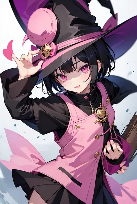 1 boy ,short hair,black hair, straight bangs,laughter, pink eyes, Witch hat, Style anime, 