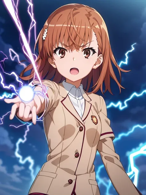 (masutepiece, Best Quality, hight resolution, nffsw, Perfect Pixel, depth of fields, 4K), 
1girl in,  , Beautiful anime girl, 
Perfect body, , ,open the mouth

misaka mikoto, tokiwadai school uniform, (electricity aura:1.4), (electricity around the body:1....