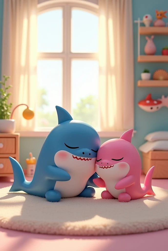  A cute baby shark  sleeping on bed ,   pink shark    sitting one side of baby shark bed ,   room is decorated according to babys room  