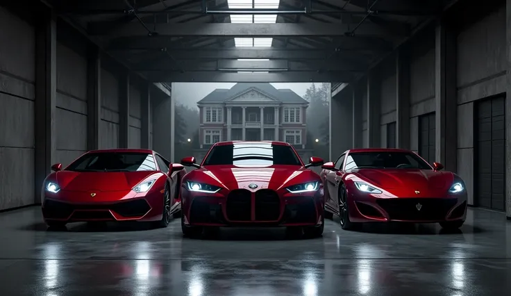 a banner that is an image of several cars parked in a dark garage, one next to the other in a frontal position, the cars are far away, and they are modern cars, Behind the cars you can see a house like a luxury mansion, the image is dark, and the colors ar...