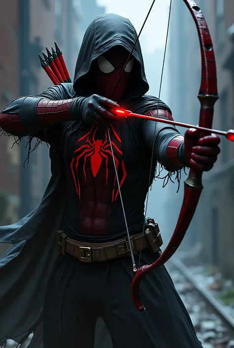 Hooded steath themed spiderman suit with red and black colors, damaged and ripped outfit, using a dark matter glowing bow and arrow weapon, attacking position