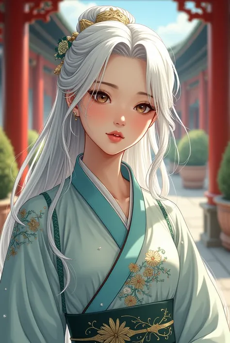 Realistic comic style，Fine lines，white hair chinese girl，Wearing Hanfu，Royal Palace background