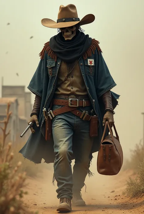 A fallout ghoul with a slightly worn brown cowboy hat, a black strap around the body of the hat and the poker king card on the hat on the right side, Worn black poncho that surrounds his entire chest and falls down hiding his right shoulder, brown cowboy b...