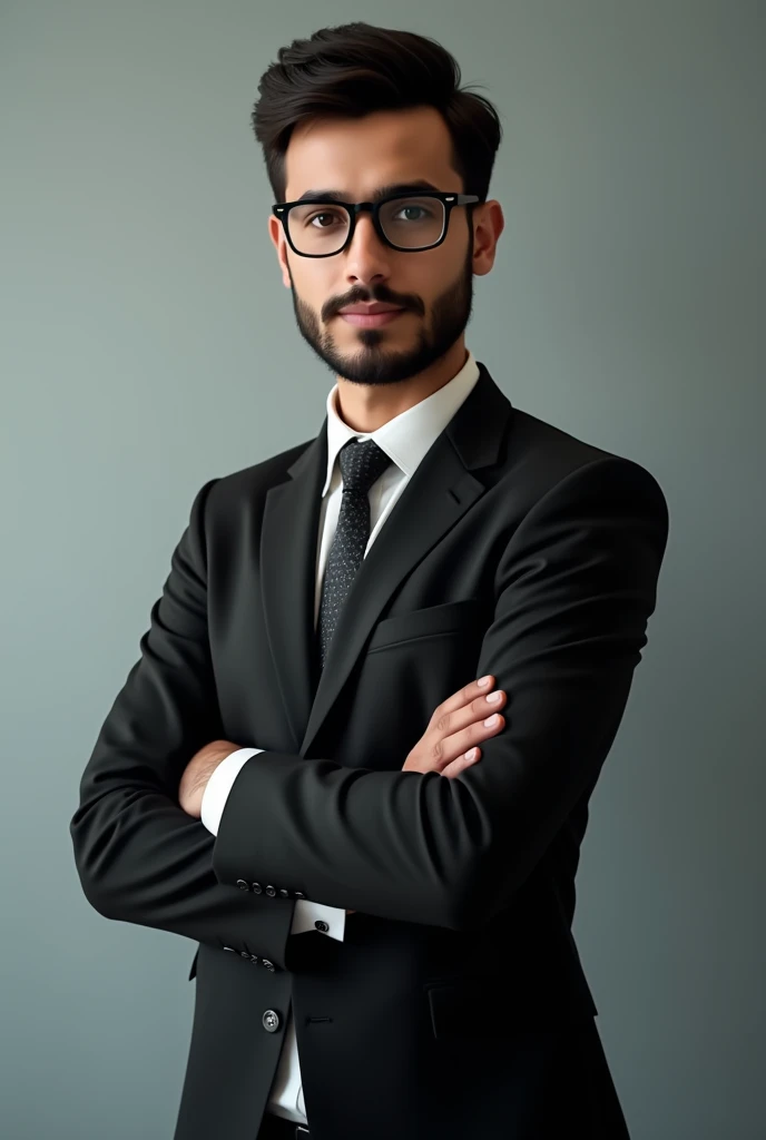 pakistani boy with fair skin wearing spectacles and narrow body posing professional modern coporat black color three piece office suite,with short Beard 