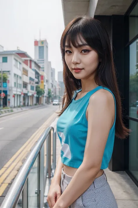 Woman wearing modern fashionable clothes in bright colors, Sleeveless t-shirt with small stripes, Three quarter pants, Bangs, beautiful portrait, Chinese woman, Chinese woman, Chinese woman, beautiful young woman, beautiful young woman, Chinese woman, beau...