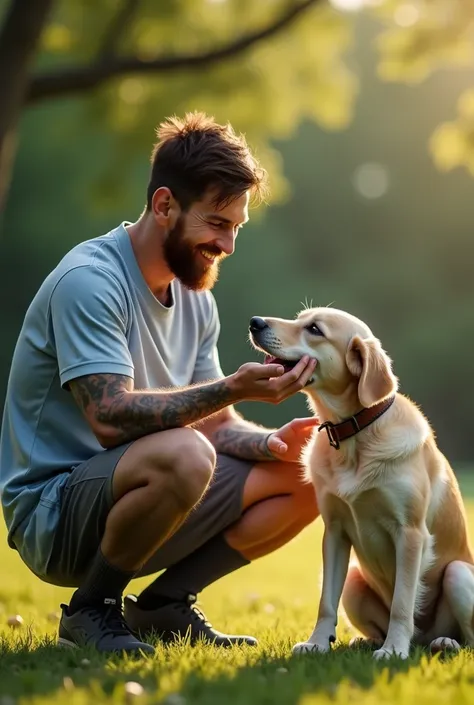 Lionel Messi holding a dog feeding it