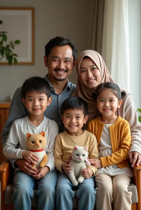 Family photo of five on a chair 30 year old father without a mustache 28 year old mother wearing a hijab 1 son  daughter  son holding a Disney cat iixar 4k