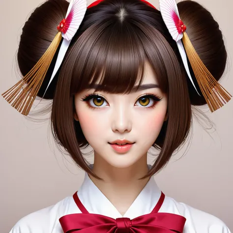 kilomètres, 1 fille, ascot, rougir, arc, yeux marrons, cheveux bruns, hair arc, tubes capillaires, Vêtements japonais, cheveux longs, mitaines, miko non traditionnel, défi de dessin d&#39;une heure, bouche ouverte, portrait, red arc, red mitaines, [écharpe...