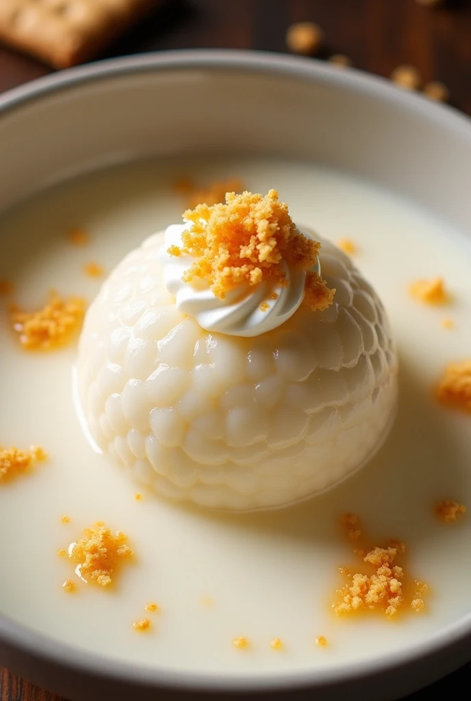 sticky rice ball in coconut milk with yogurt and crushed biscuits as toppings