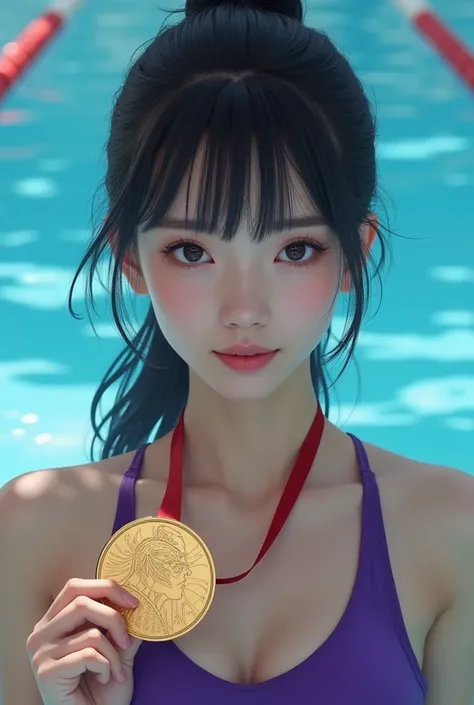 Japanese beauty with black lob hair、Woman holding medal she won in Olympic pool, Brown and black hair, Dark Eyes, White skin, Professional purple swimsuit and perfect half smile、Charismatic and cool pose