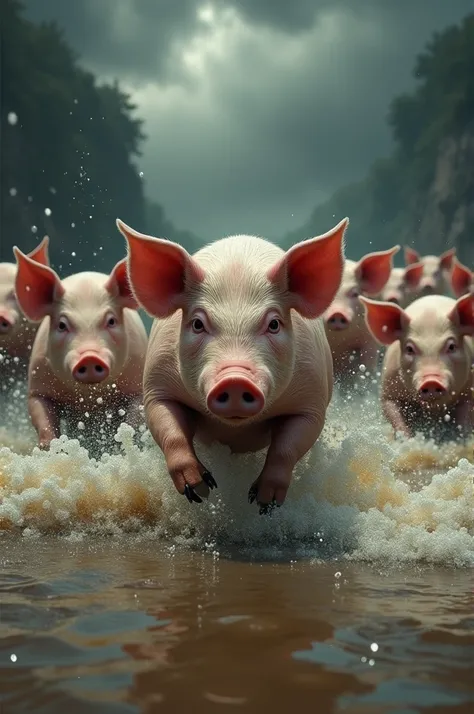 Pigs are escaping from the flood. So realistic.