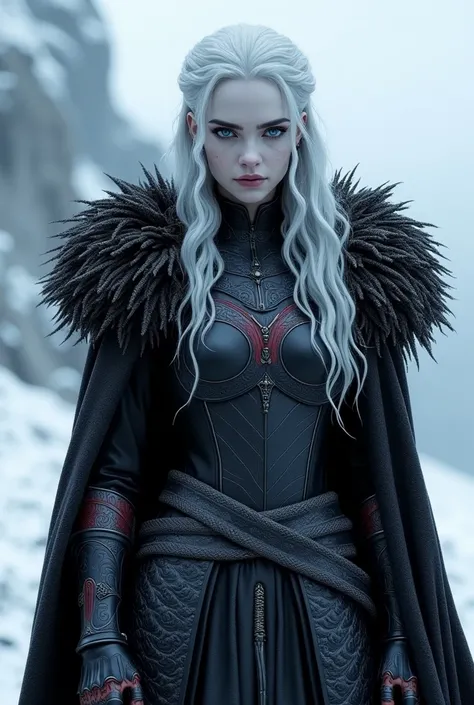 visenya targaryen transformed into white walker, queen of the night, pale skin, blue eyes,black armor with red accents with a furry cape, an icy hill in the background.silver hair and the most beautiful of the seven kingdoms, A pale girl with short hair fr...