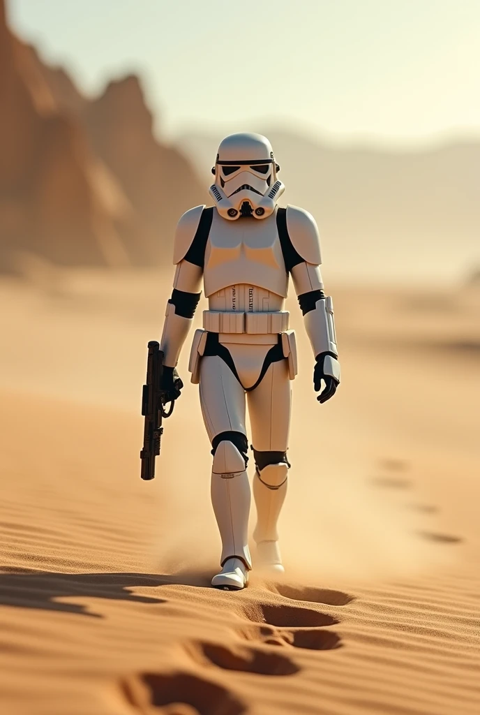 Miniature photograph of a Stormtrooper with Star Wars weapon walking through the desert leaving footprints in the sand cinematic dramatic lighting, blurred desert background.