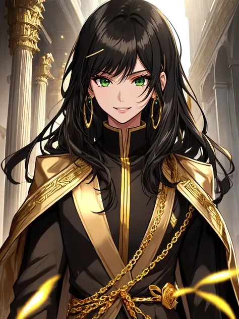 A young man who is the resurrected form of Emperor Constantine, Passionate look (1 Young people of 20 years of age, dressed in a Black and gold toga)), Shiny black hair, Shoulder-length wavy hair, indian facial features, Gold hairpins in hair, Gold Earring...