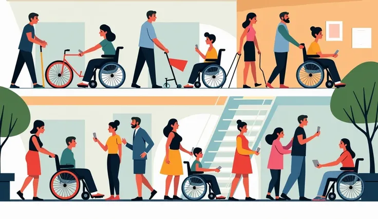  A vibrant, inclusive diagram style illustration showing people with various mobility devices (wheelchairs, crutches, and scooters) using an accessible building.