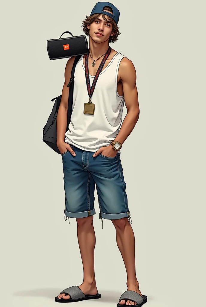 You can make a stitch of a backwards cap, a white tank top, denim shorts with a JBL on the shoulder, wearing a slipper and a medal around his neck 
