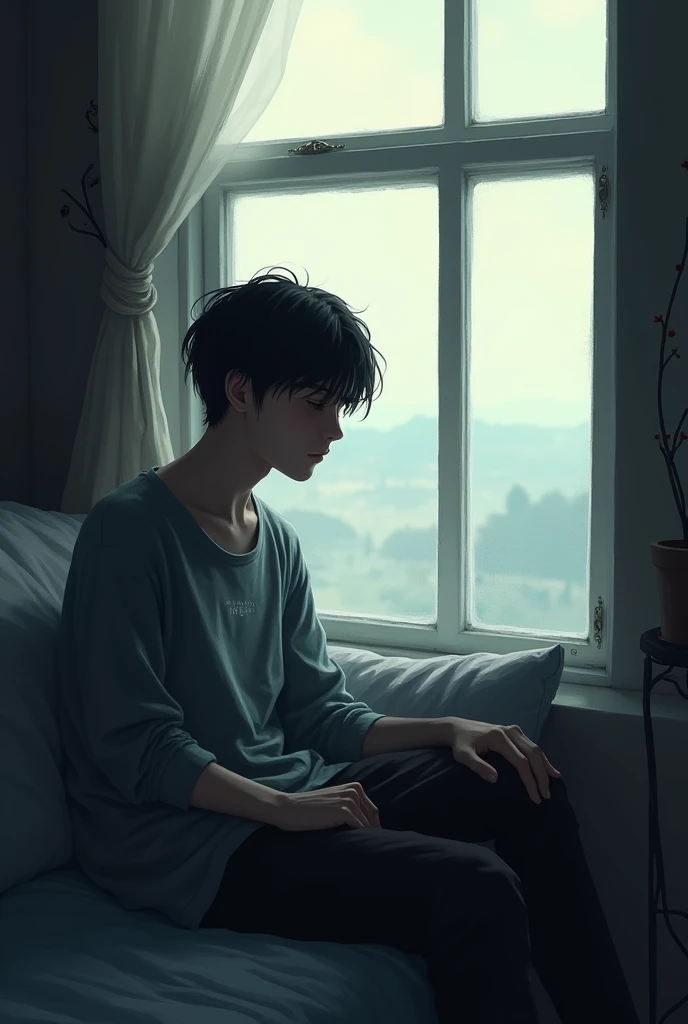 A young man with black hair sat back and watched the view outside the window with loneliness.