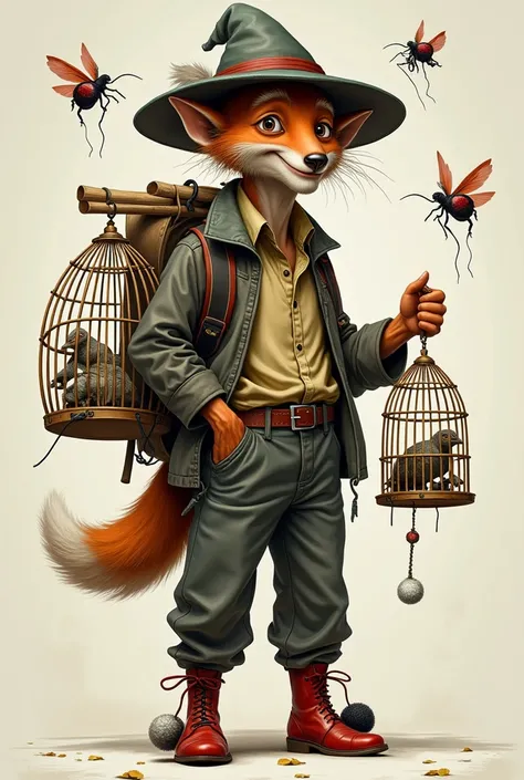 Short, thin old man with a fox-like face and dark eyes.
Wears a floppy hat with feathers and a patched coat, Shirt and trouser
Carries bamboo cages with pigeons and tortoises on his back.
Holds strings tied to shiny rose beetles buzzing around his head.
Re...