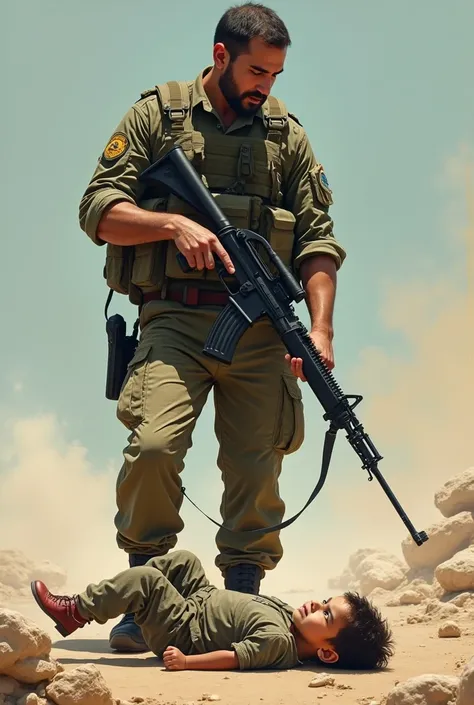 An Israeli soldier appears at the top of the picture to be kind, but there is a little child that the soldier steps on with his foot. 