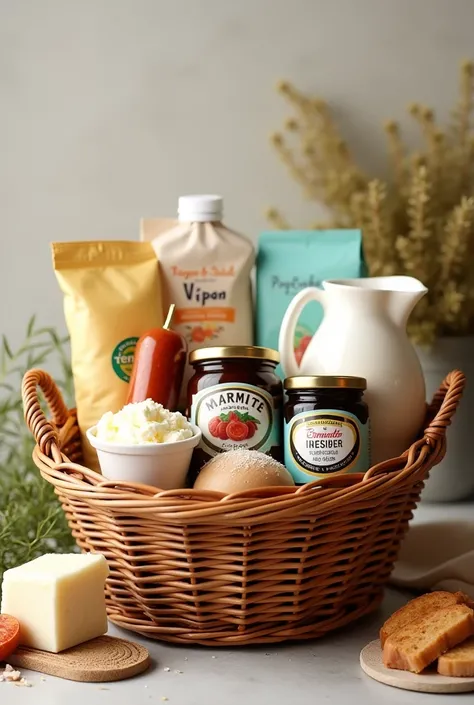 ice cream cup ,milk packet,yogurt,sausage,marmite,can fish.give photo this product with in wicker basket.