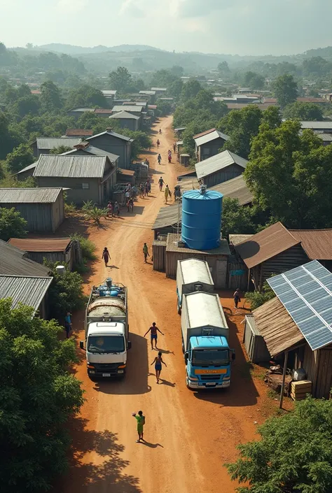 create a realistic image of an area experiencing water supply difficulties in Brazil, with a rainwater collection system, interconnected to solar panels to operate machines for treatment, water filtration and purification, with trucks around to distribute ...