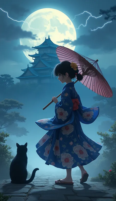 Ratio is 16:9.Clothing: Ankle-length sleeves, navy blue with large peony pattern, geta, large snake-eye umbrella.Gender/Age:  girl.Partner: Black cat child, sitting, wagging tail.Style: Movie, Manga・Image quality: High definition, vivid, modern, 4K・Best ma...