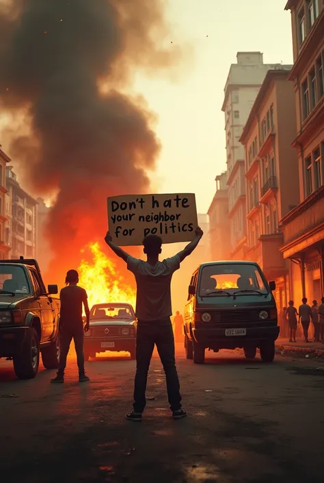 Vehicles and houses burning in revolution kenya and flag with youths holding placards written DONT HATE YOUR NEIGHBOR FOR POLITICS in English 