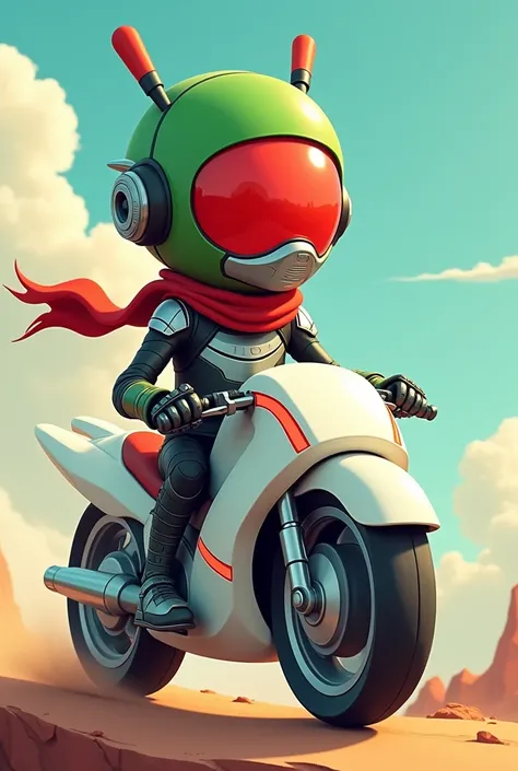 Biker with a green helmet and red big eyes visor, 2 antenna on おでこ, silver mask, cyborg design, black long pants, thin white line on black pants, silver chest armor, red scarf in 2D, white motorcycle as like white grasshopper, thin red line on white motorc...