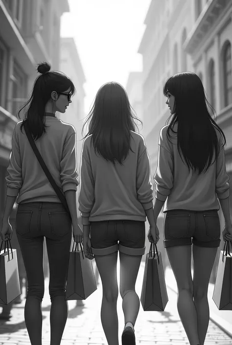 Three girls are going with shoping bag and they are talking each other and laughing one of them wearing sunglass, i can see their back side, make the image black