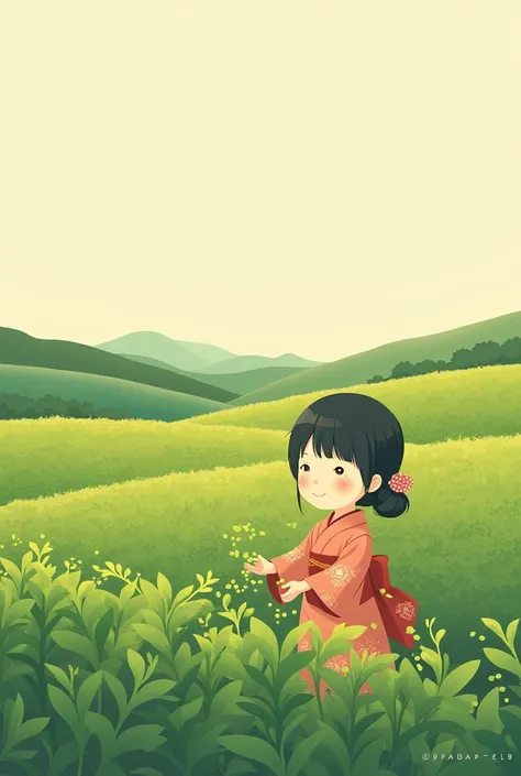 Fairy tale illustration by Reiko Ikemura, pixabay, simple art, full color illustration, cute fairy tale illustration, picture book illustration, illustration, girl picking tea in the style of Hayao Miyazaki, in the field, kimono, kimono  