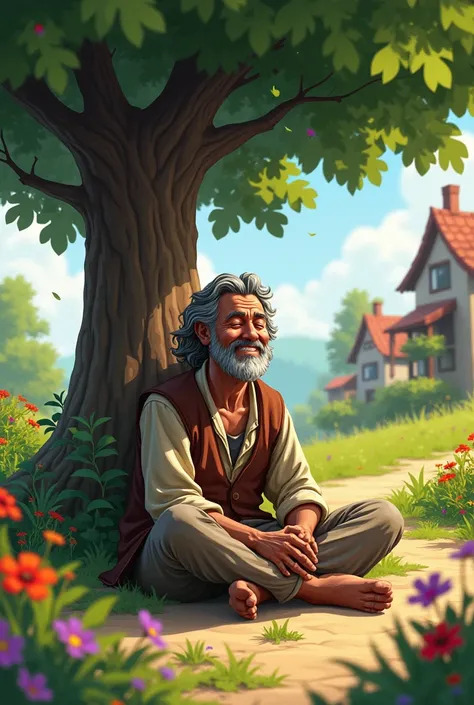 Begger sitting under a tree with buetiful smile make a background buetiful with trees flowers and houses