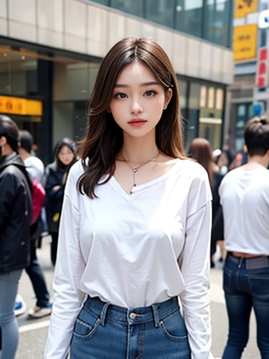 Daytime。Beautiful woman standing in the middle of a crowded city。Blue denim。White long sleeve shirt。