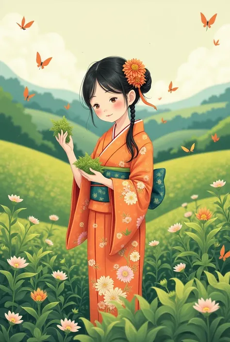 Fairy tale illustration、pixabay、Simple Art、Full color illustrations、かわいいFairy tale illustration、Picture book illustrations、Illustration girl picking tea、field、kimono、kimono