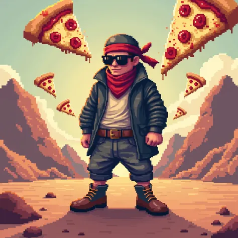 Chill 8bit bandit with flying pizza slices (fisheye) 
(minimalism) 