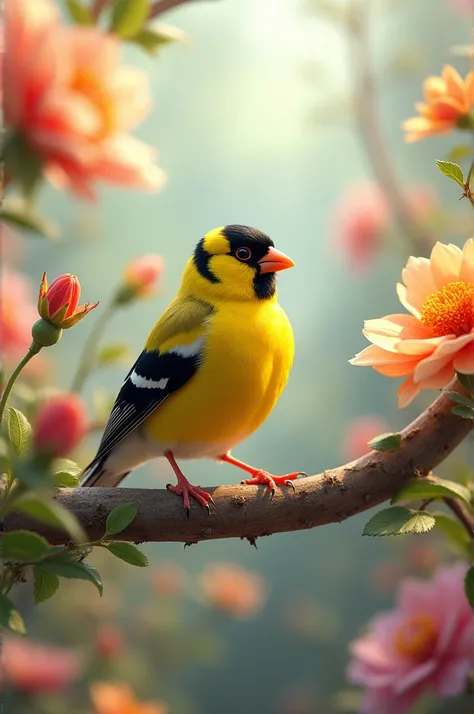 A colorful goldfinch on a branch perched with flowers