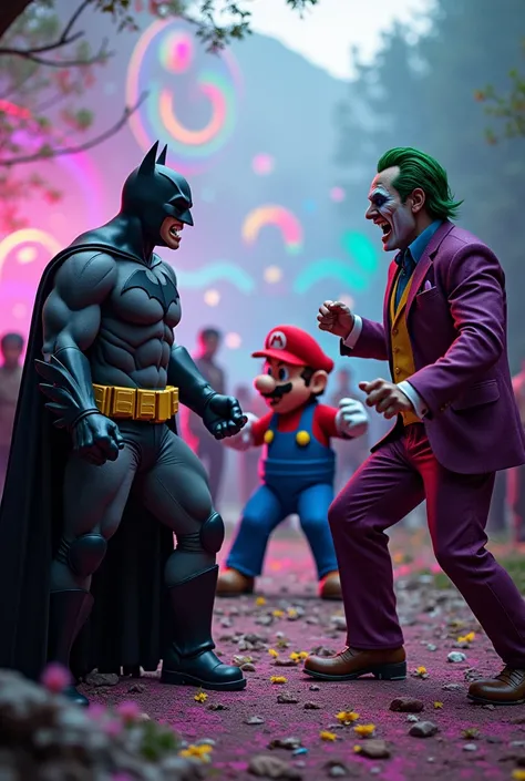 Batman, Super mario, Joker in a rave party in Kasol doing lsd and tripping hard, vibrant rave background, batman laughing and funny, joker scared, mario dancing, psychedelic visuals, valley in the background mist, psychedelic patterns, hallucinations