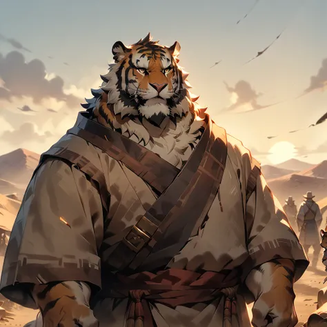 masterpiece, best quality, very aesthetic, absurdres, BREAK [face:full body:10], looking away, from above, marchant, plump middle-aged tiger man, fluffy body, tail, brown eyes, beautiful beard, male face, big face, square jawline, male eyes, sharp eyes, bi...