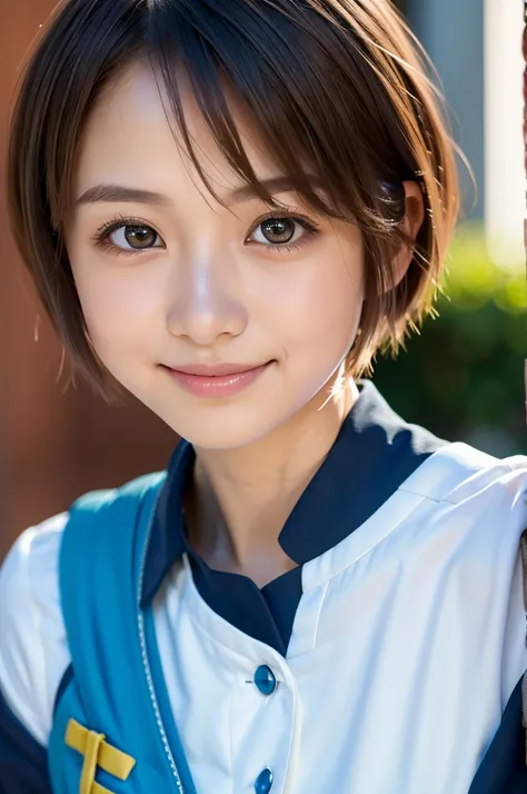 Beautiful woman, 20 years old, Laugh brightly, Very beautiful skin, Extremely beautiful, (Super Short Hair:1.75), Bangs between the eyes, Incredibly beautiful eyes, Very large eyes, Balanced Eyes,Droopy eyes, (Hinatazaka46 uniform:1.75), (Best Quality,4K,8...