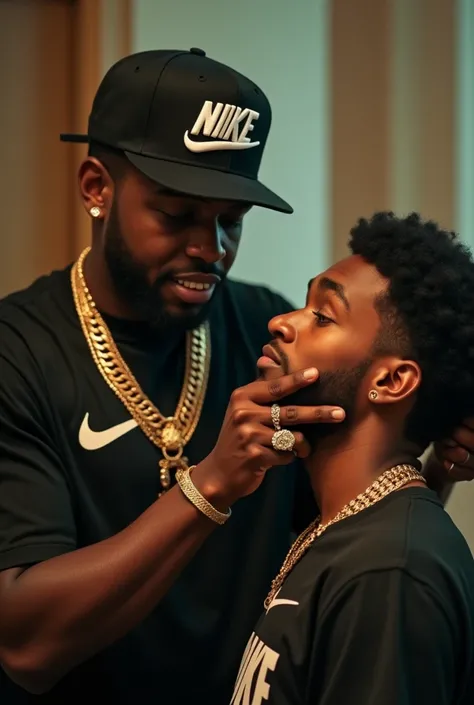 An American trap singer shaves his teenage boy with not-so-black skin tone,and he&#39;s wearing a New York cap, a gold plate in his teeth, gold threads around his neck and a Nike t-shirt