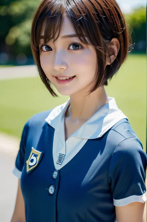 a young beautiful woman, 20 years old, brightly smiling, extremely beauty skin, ultimate beauty, (ultra short hair:1.75), bangs between the eyes, incredibly beautiful eyes, extremely large eyes, well-balanced eyes, downcast eyes, (Hinatazaka46 uniform:1.75...