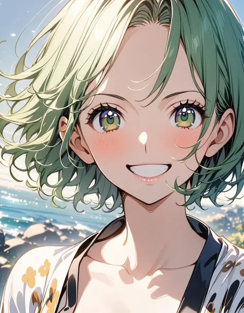 One Girl、Emerald green hair、Japanese、Short Hair、future、one piece、A big smile、、delicate、Slender、beautiful girl