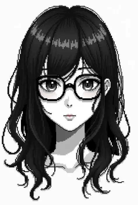 Black pencil pixel drawing of a face with long black hair with black glasses