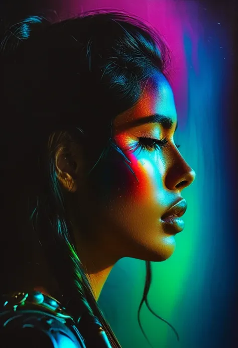 abstract neon ink image in bright, surreal iridescent gradient colors, side portrait of a female nomad warrior. covering the face, long flowing dark hair, bronze breastplate
