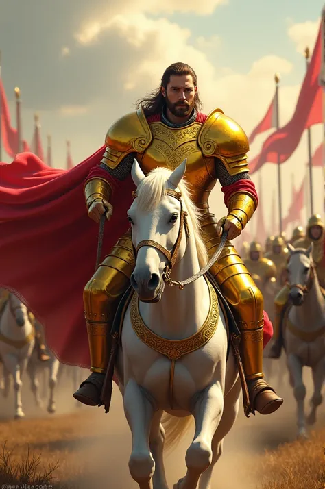 The knight in yellow is riding a white horse with gold and red armor with an army behind him