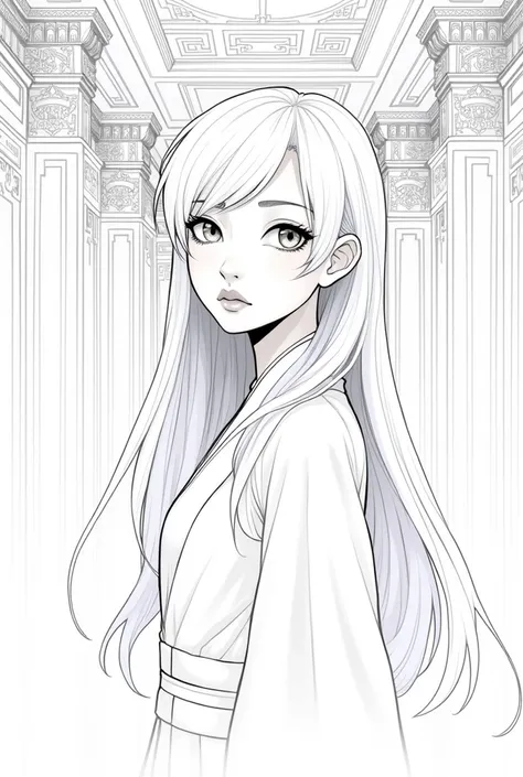 Realistic line art，Comic style，Fine lines，white hair chinese girl，Royal Palace background