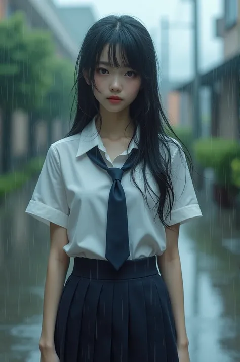 Beautiful girl, 18+, school uniform, rain