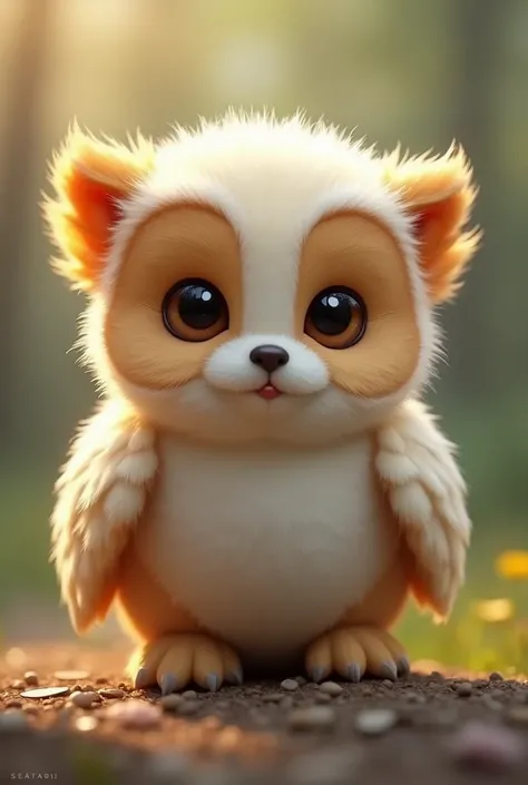  A small puppy with big, round owl eyes, a short beak, and tufts of feathers around its head. Its paws are fluffy, but its back has a layer of soft, owl-like feathers.