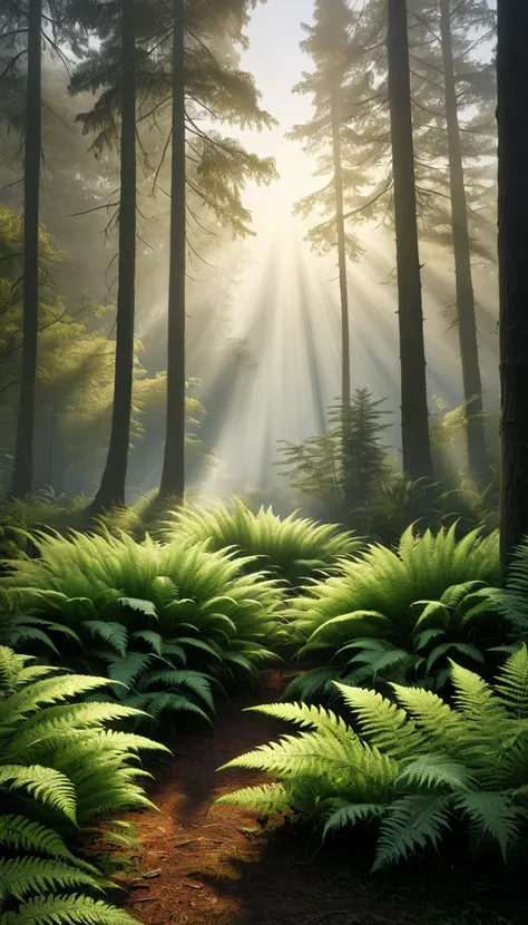 (Best Quality, masterpiece:1.2), Very detailed, Realistic(Realistic, photo-Realistic:1.37), Misty forest at dawn, Tall trees stretching towards the sky々, First light rising over the distant hills, Sunlight pours in,Ferns covering the forest floor, Mist dri...